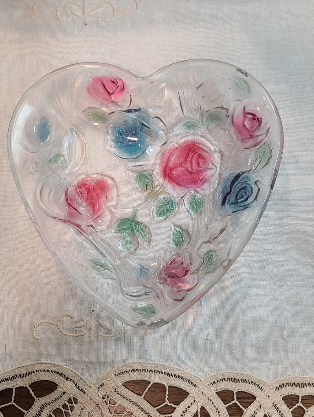 Vtg Japan Iridescent Glass Rose Heart Dish 7" x 6.5" Trinket Tray 🌹